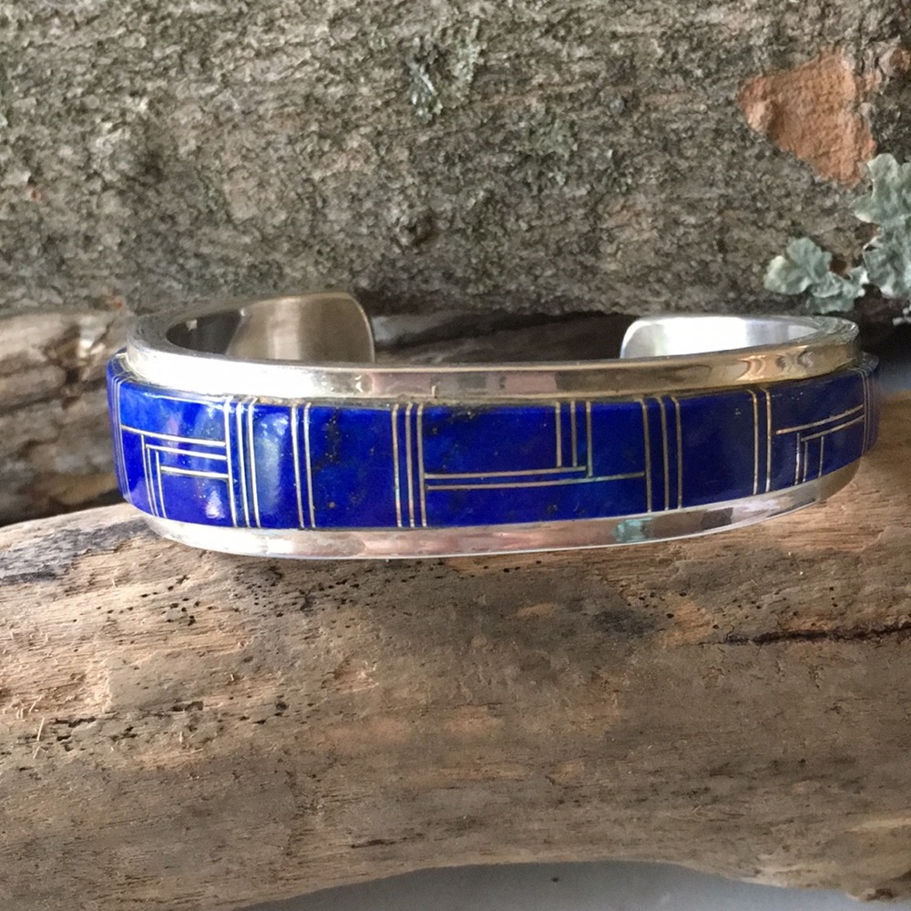 Vintage Navajo Native American Inlay Lapis Bracelet by Wilbur Yazzie - Picture 7 of 14